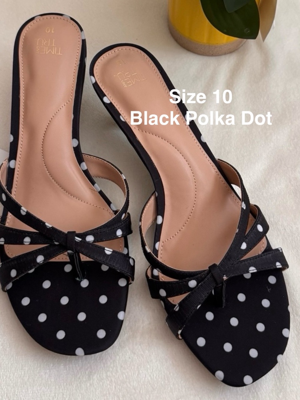 Time and Tru Women's Kitten Heel Mule Sandals, Size 10,Black Polka Dot